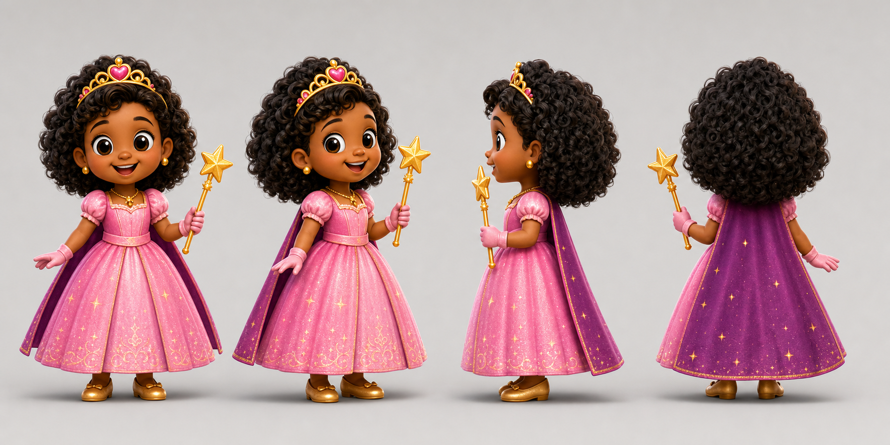 Approved four-view Princess Phiwe character model sheet